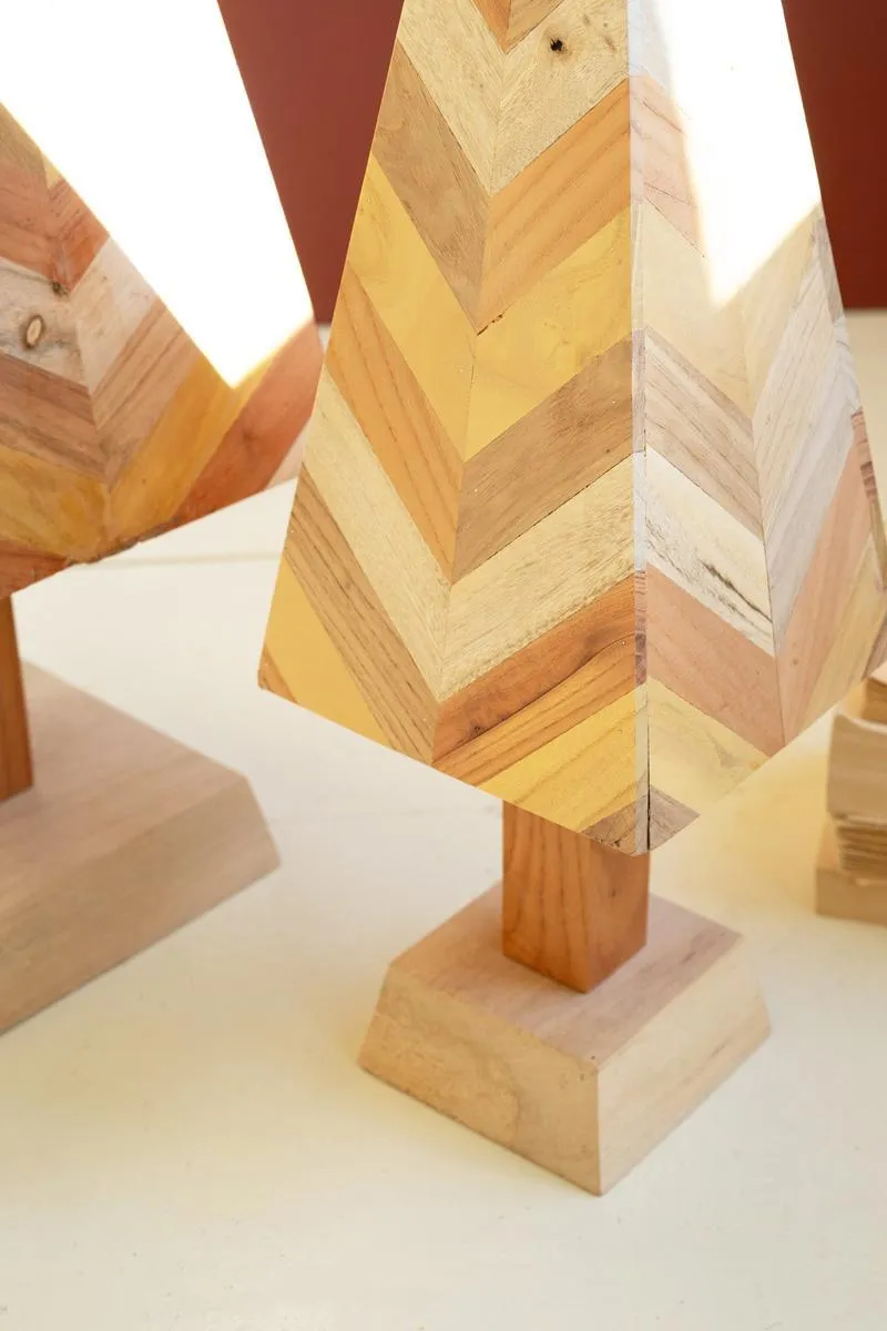 Set of 2 Wood Block Tabletop Christmas Trees