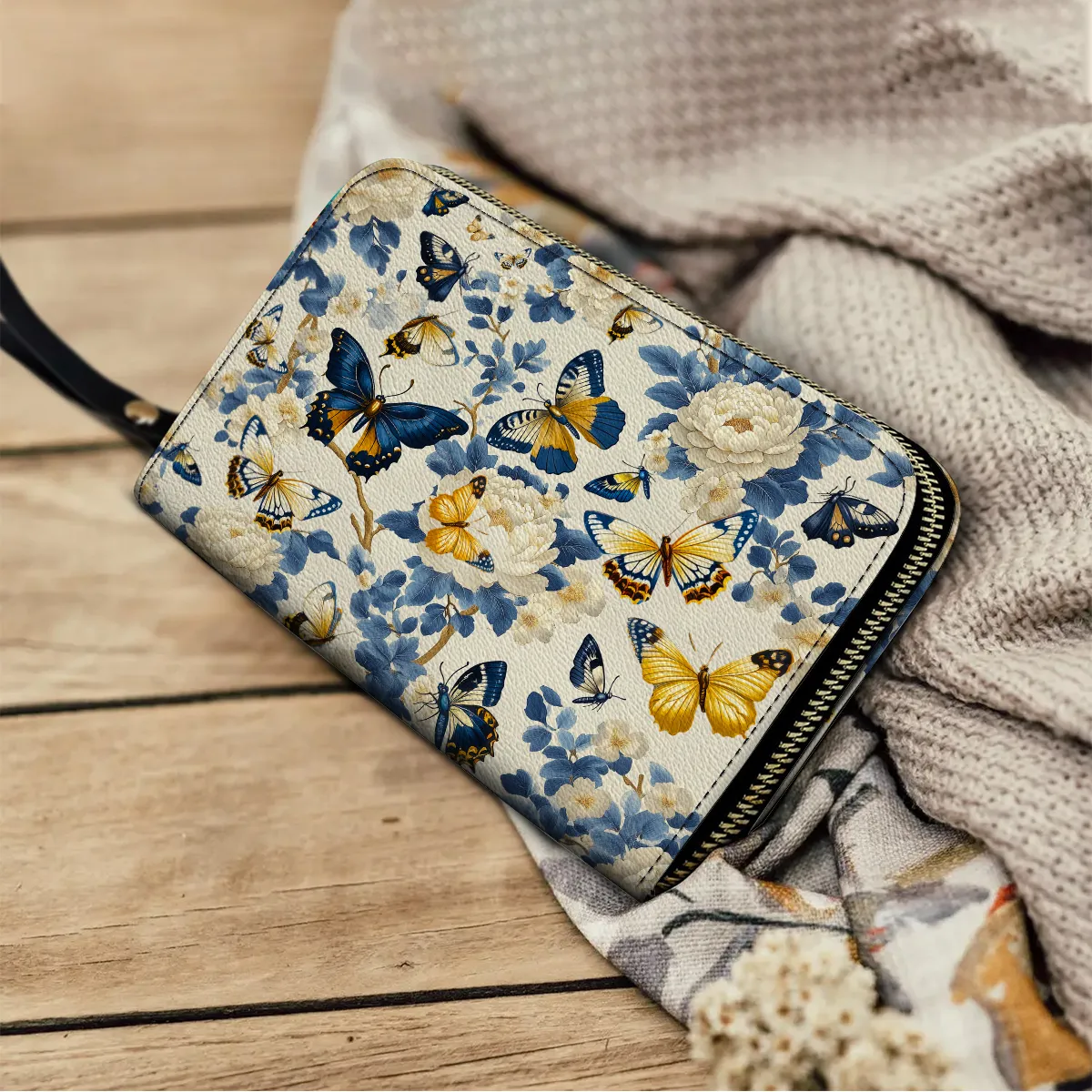 Shineful Leather Clutch Purse With Wristlet Strap Handle Butterfly Garden Royal