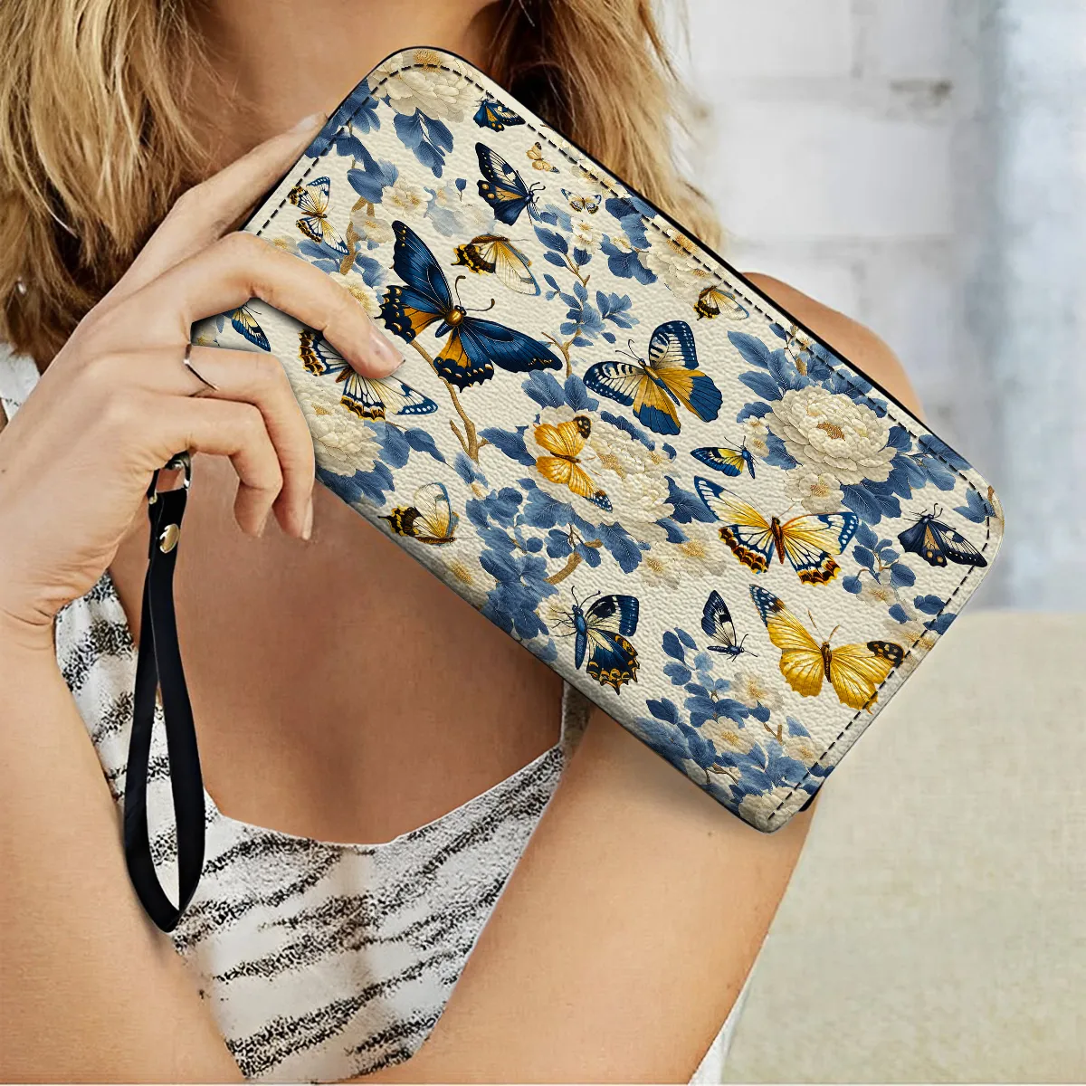 Shineful Leather Clutch Purse With Wristlet Strap Handle Butterfly Garden Royal