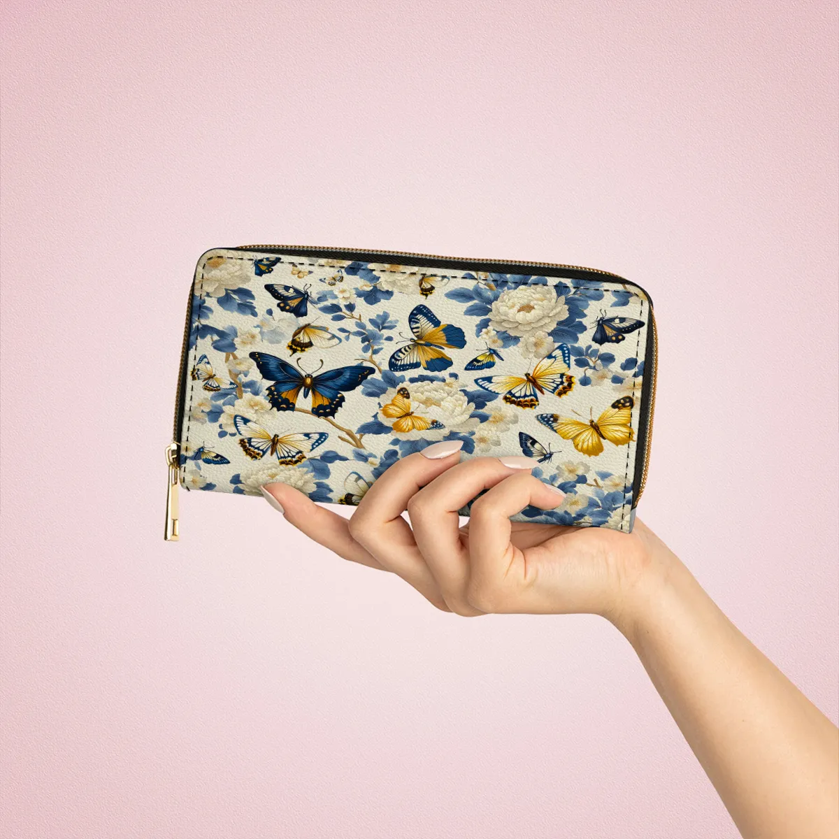 Shineful Leather Clutch Purse With Wristlet Strap Handle Butterfly Garden Royal