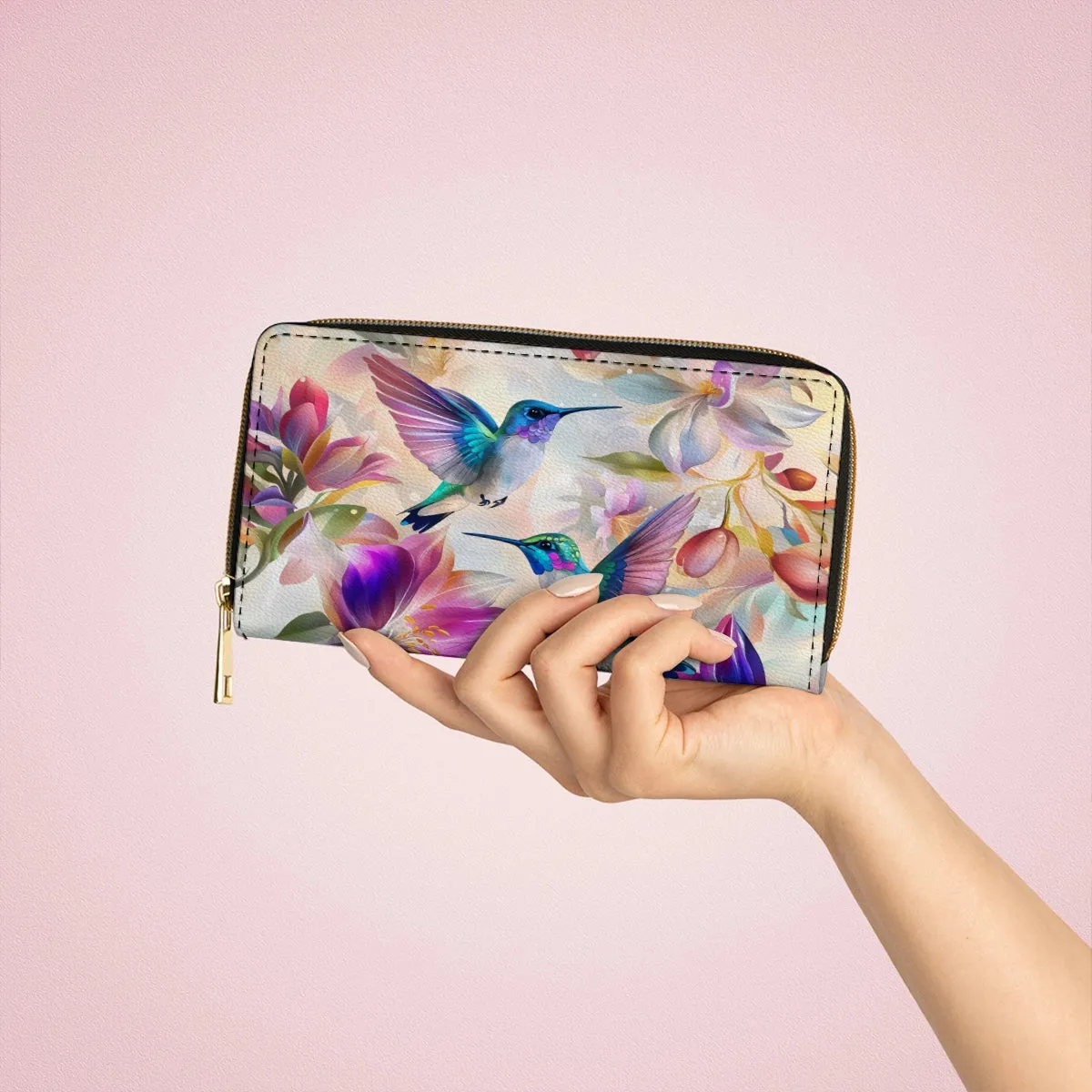 Shineful Leather Clutch Purse With Wristlet Strap Handle Floral Hummingbird Elegance