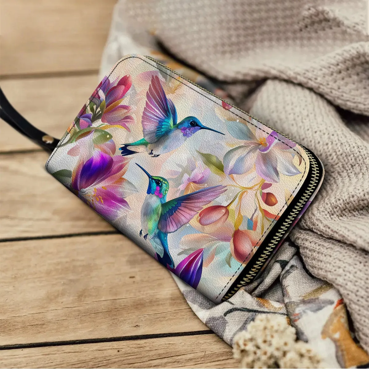 Shineful Leather Clutch Purse With Wristlet Strap Handle Floral Hummingbird Elegance