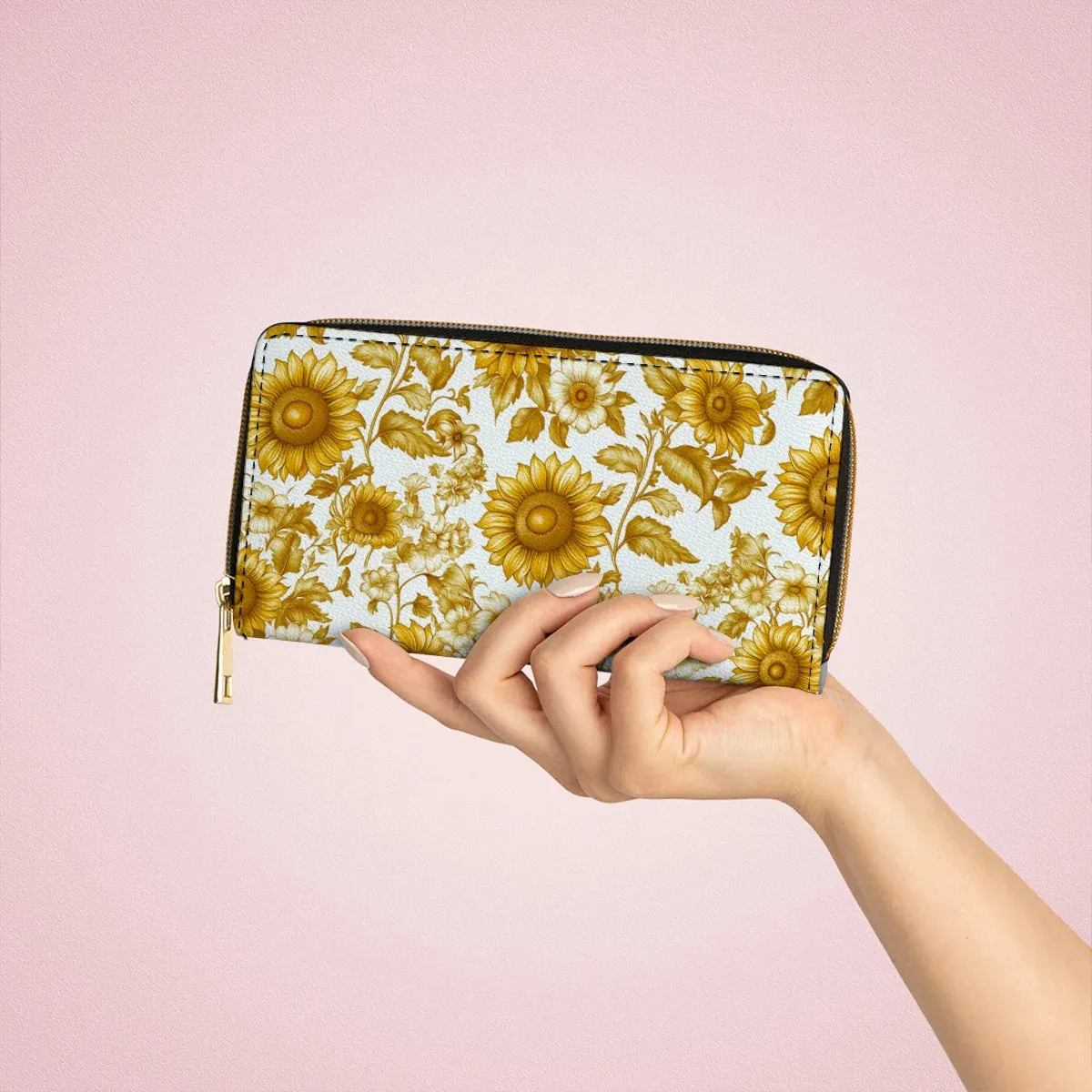 Shineful Leather Clutch Purse With Wristlet Strap Handle Golden Sunflower Bloom