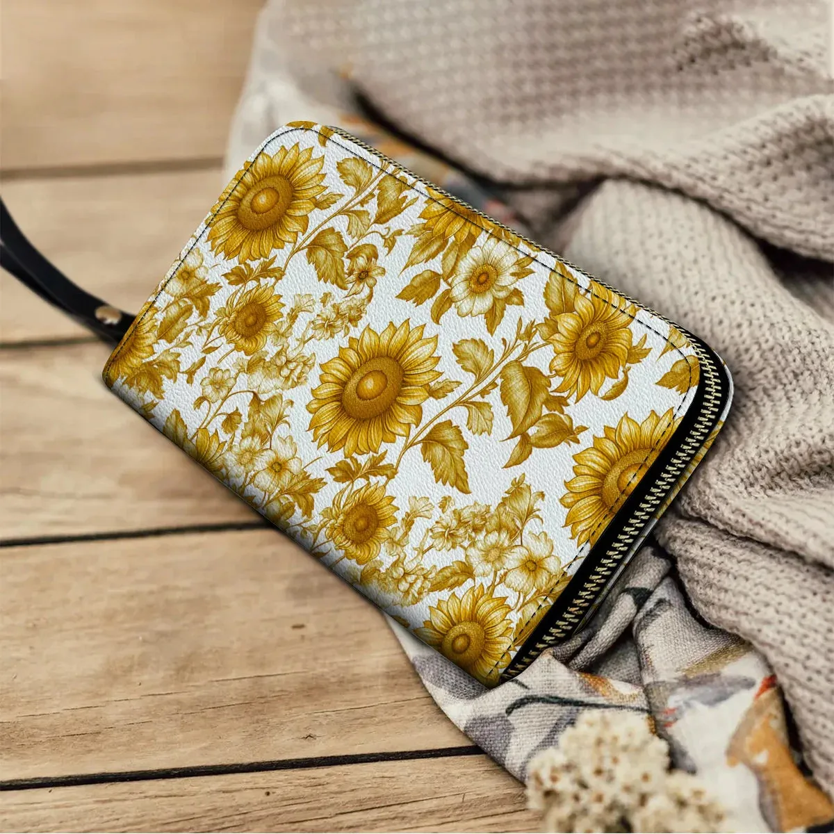Shineful Leather Clutch Purse With Wristlet Strap Handle Golden Sunflower Bloom