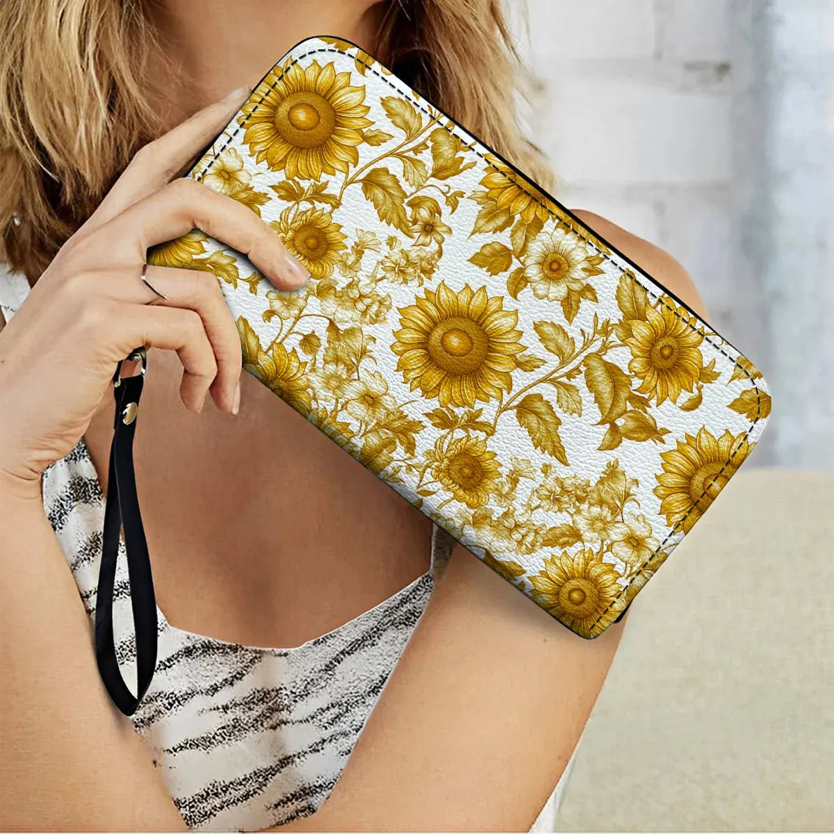 Shineful Leather Clutch Purse With Wristlet Strap Handle Golden Sunflower Bloom