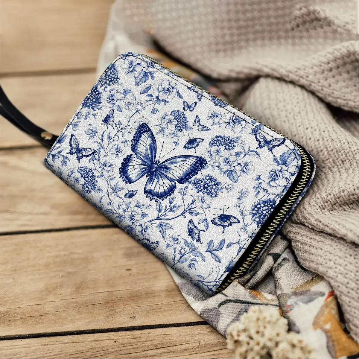 Shineful Leather Clutch Purse With Wristlet Strap Handle Papillon Reverie Toile