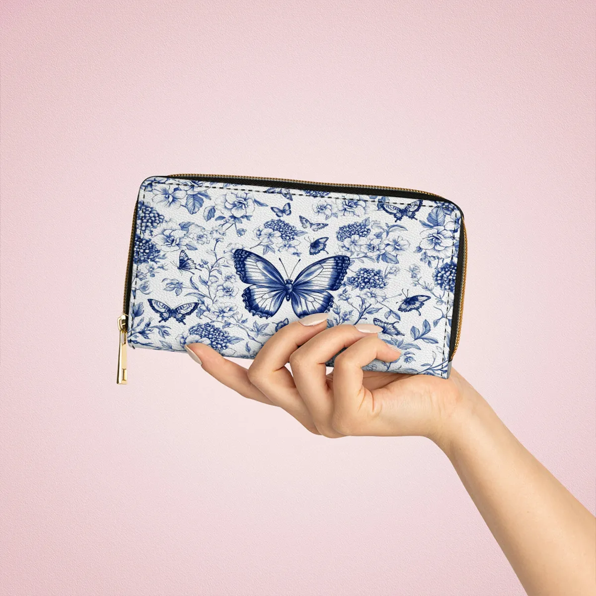 Shineful Leather Clutch Purse With Wristlet Strap Handle Papillon Reverie Toile
