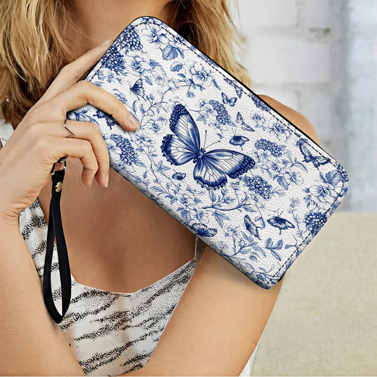 Shineful Leather Clutch Purse With Wristlet Strap Handle Papillon Reverie Toile