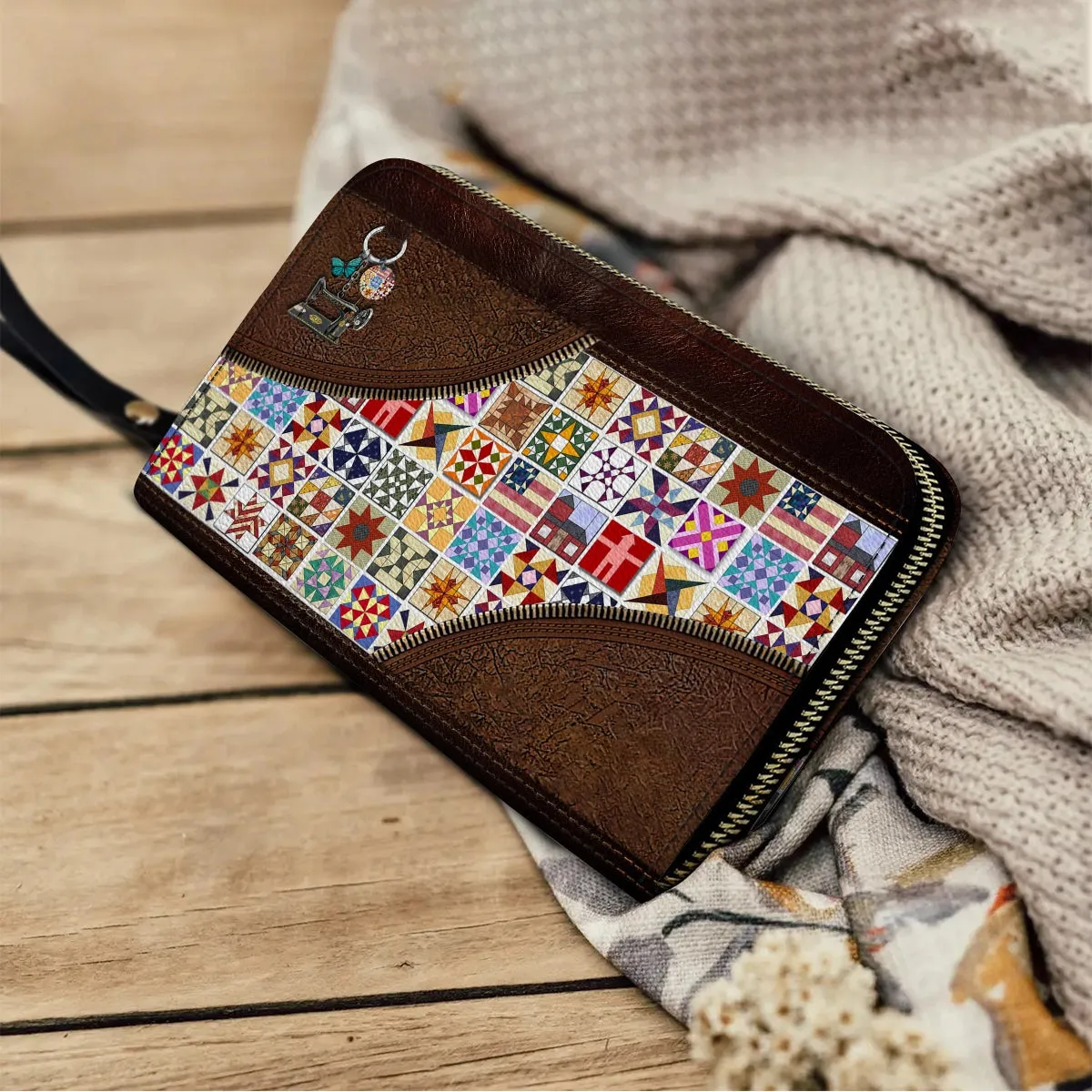 Shineful Leather Clutch Purse With Wristlet Strap Handle Quilt Blocks