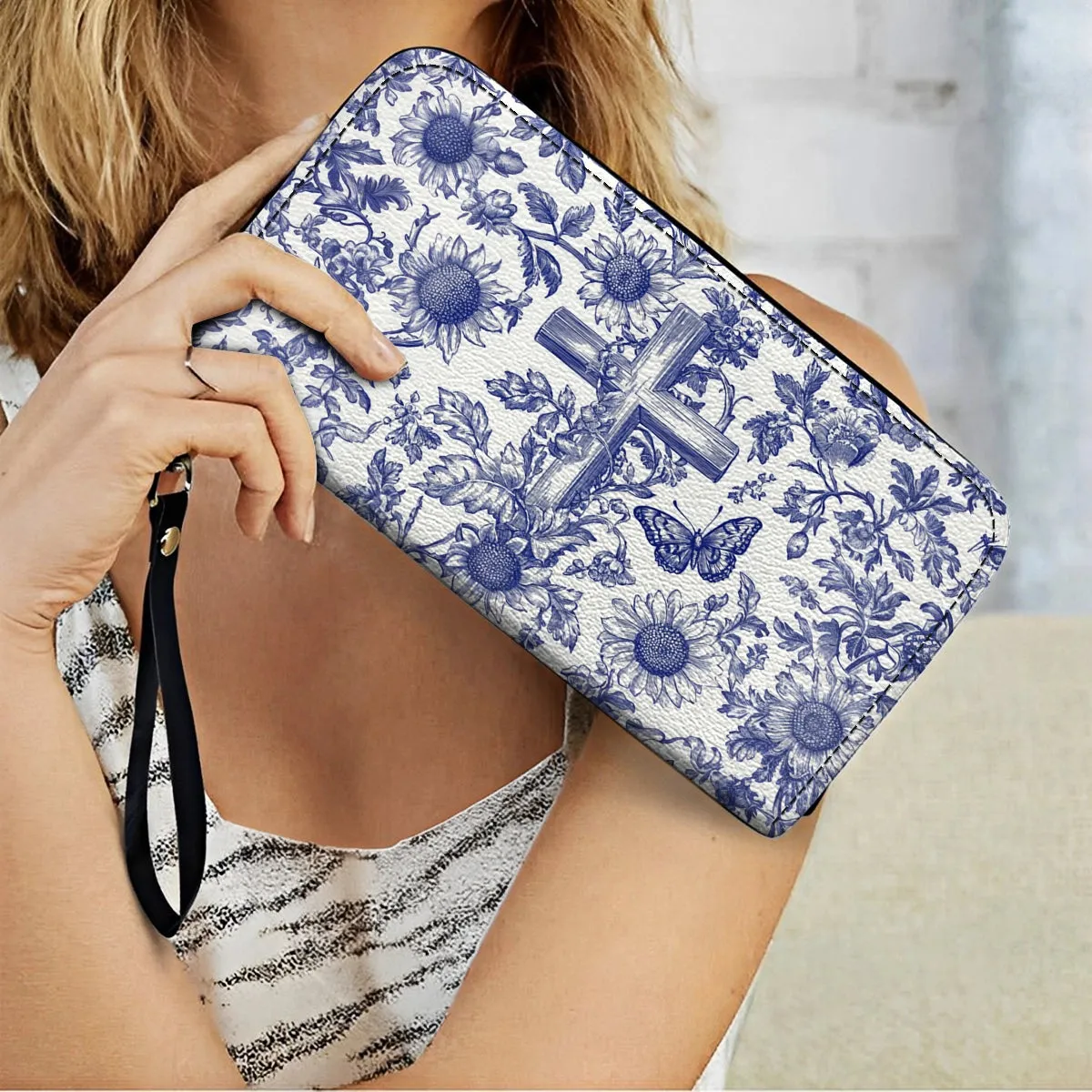 Shineful Leather Clutch Purse With Wristlet Strap Handle Sunflower & Cross Blessing