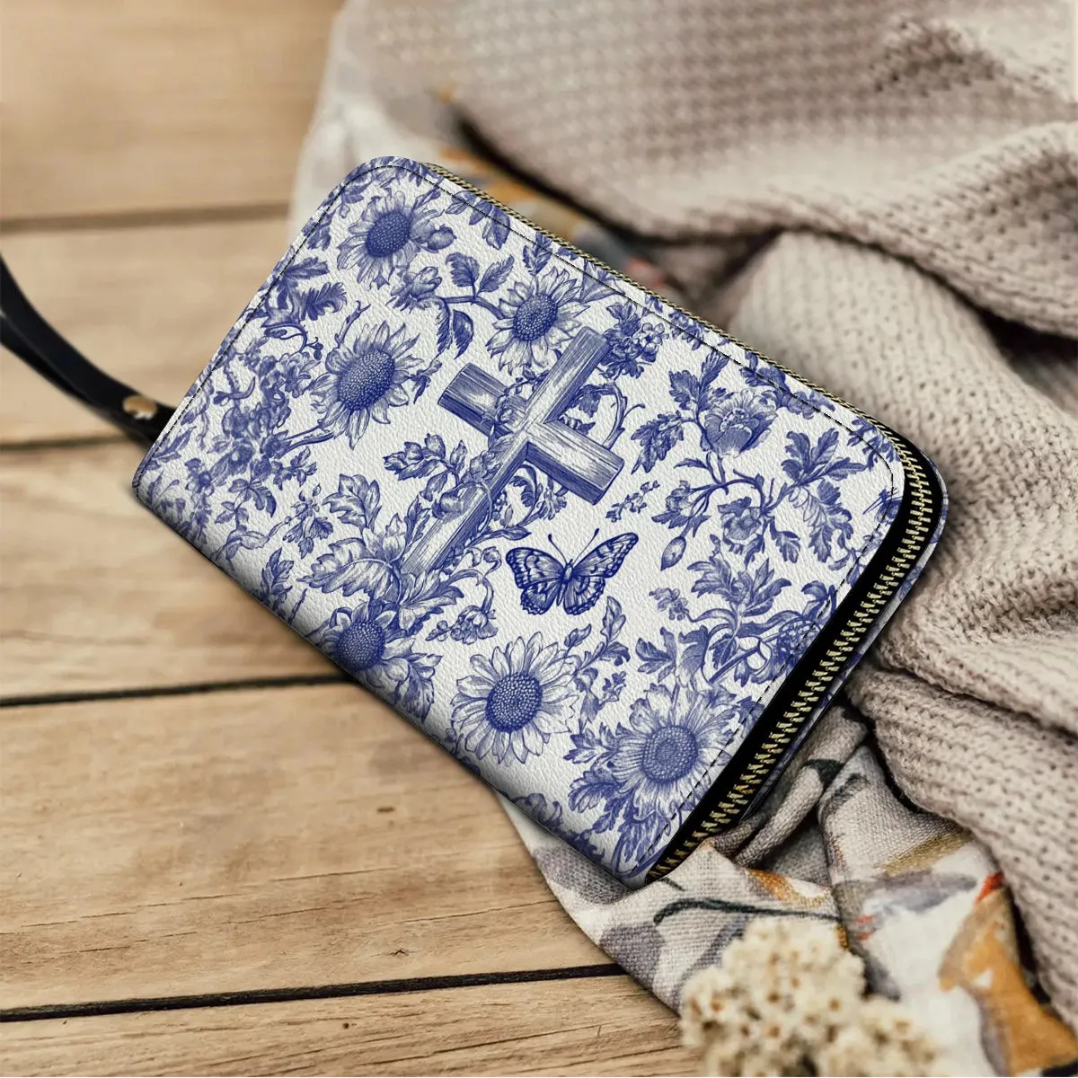 Shineful Leather Clutch Purse With Wristlet Strap Handle Sunflower & Cross Blessing
