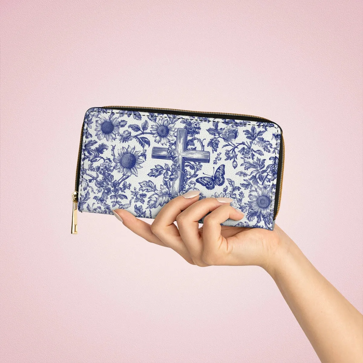 Shineful Leather Clutch Purse With Wristlet Strap Handle Sunflower & Cross Blessing