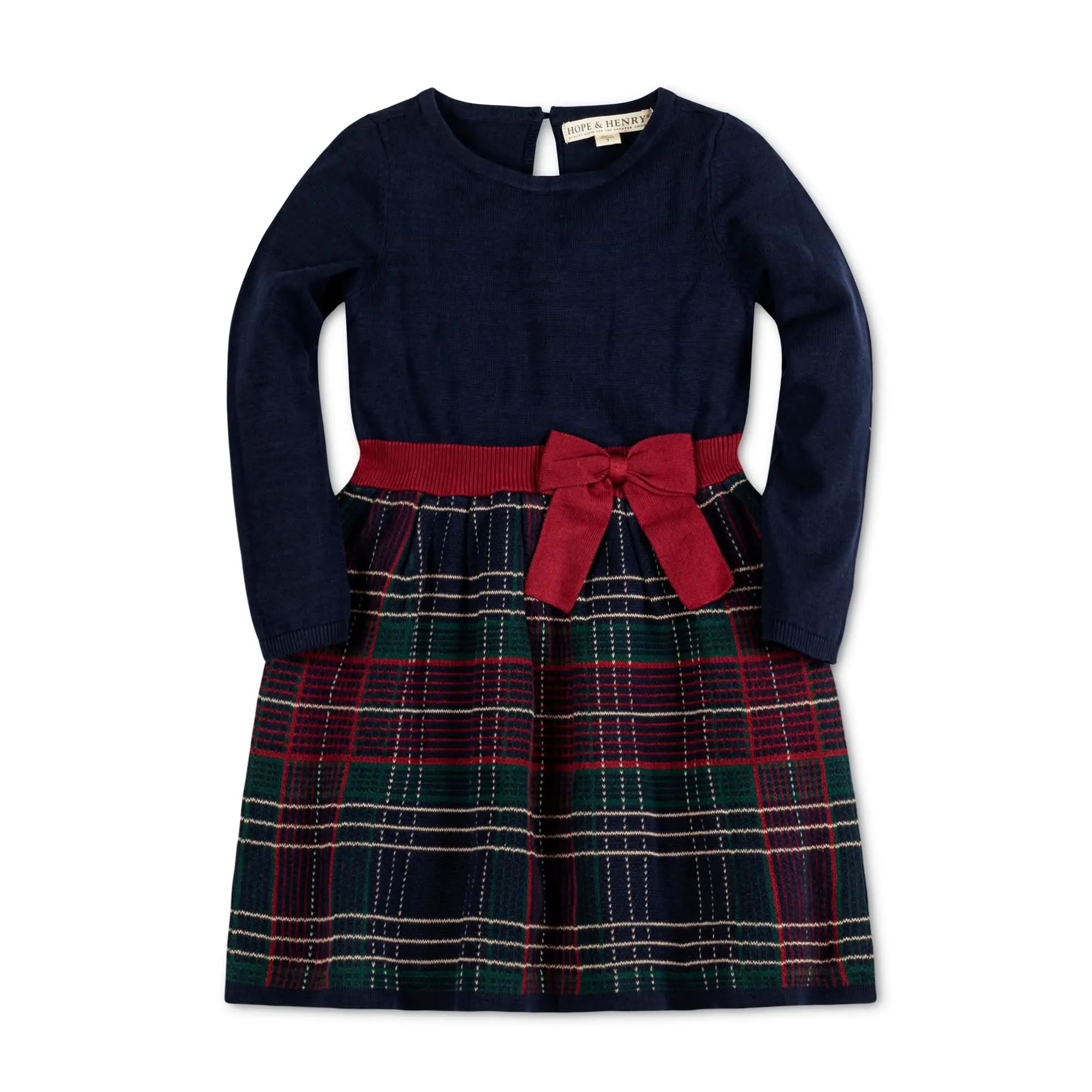 Skater Sweater Dress with Bow - Navy Plaid Intarsia