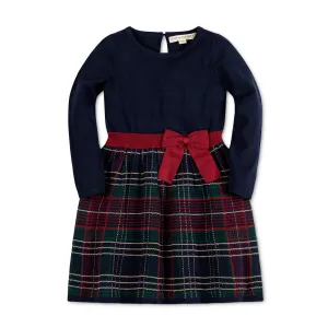 Skater Sweater Dress with Bow - Navy Plaid Intarsia