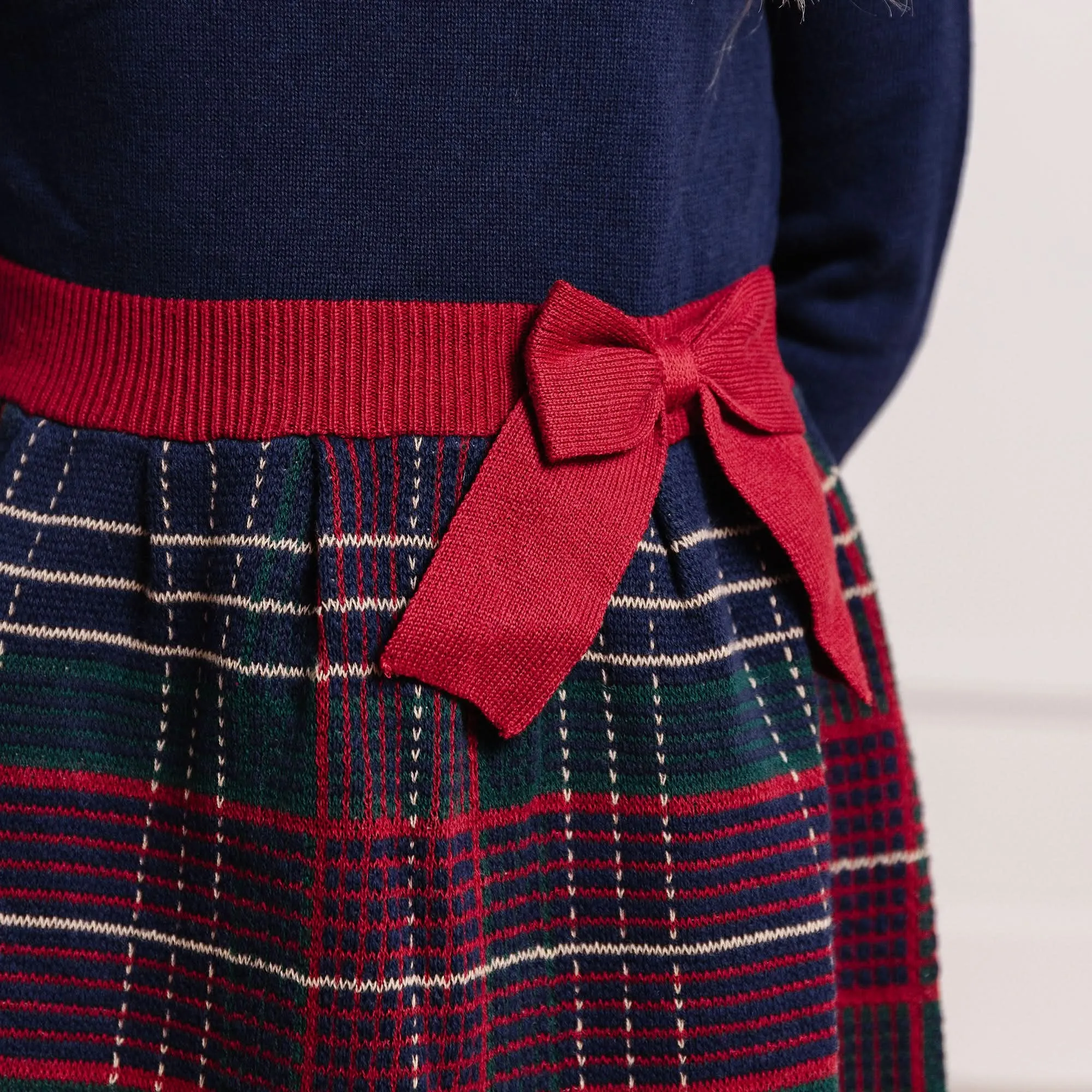 Skater Sweater Dress with Bow - Navy Plaid Intarsia