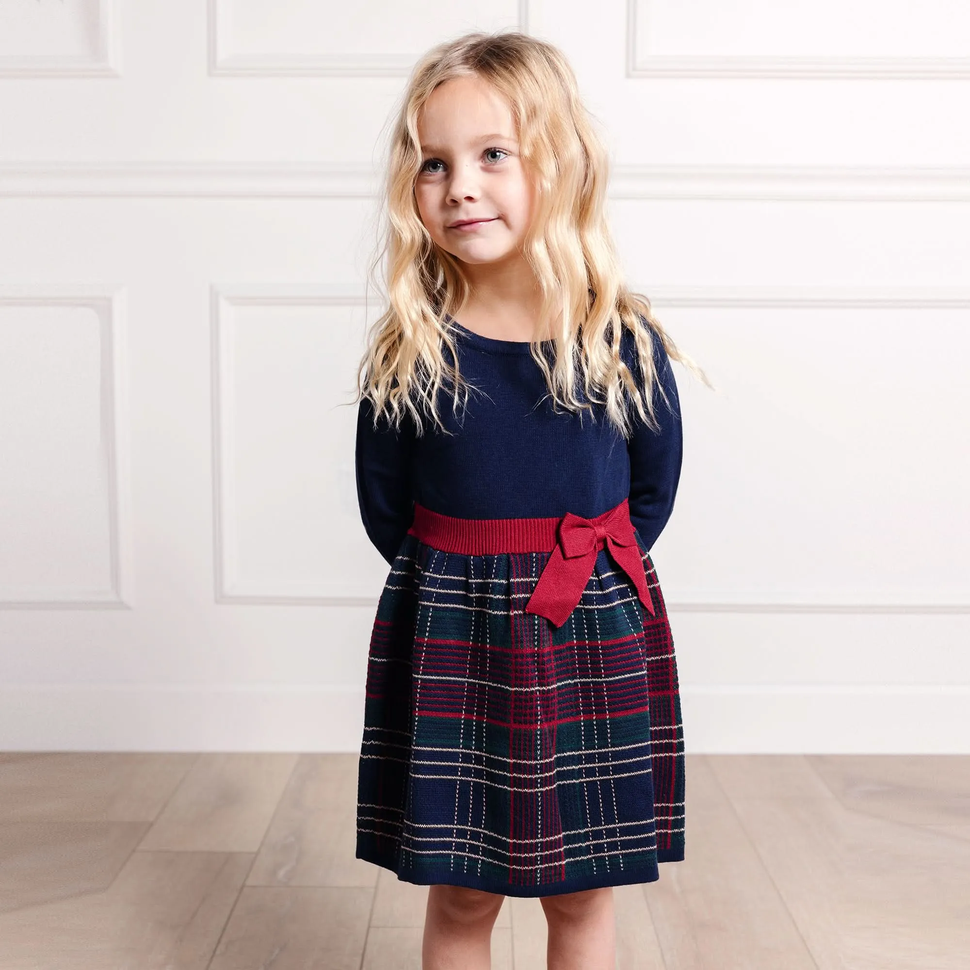 Skater Sweater Dress with Bow - Navy Plaid Intarsia