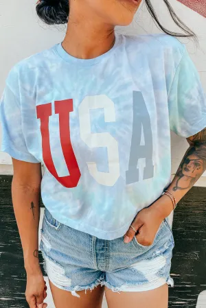 Sky Blue USA Tie Dye Print Crew Neck Cropped T Shirt