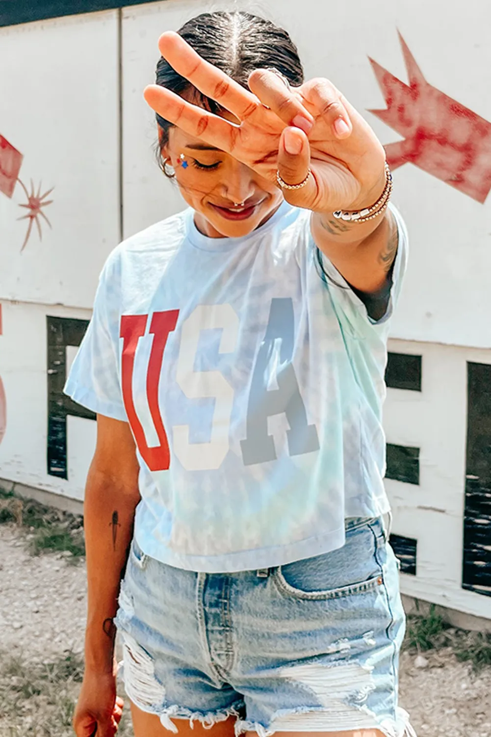Sky Blue USA Tie Dye Print Crew Neck Cropped T Shirt