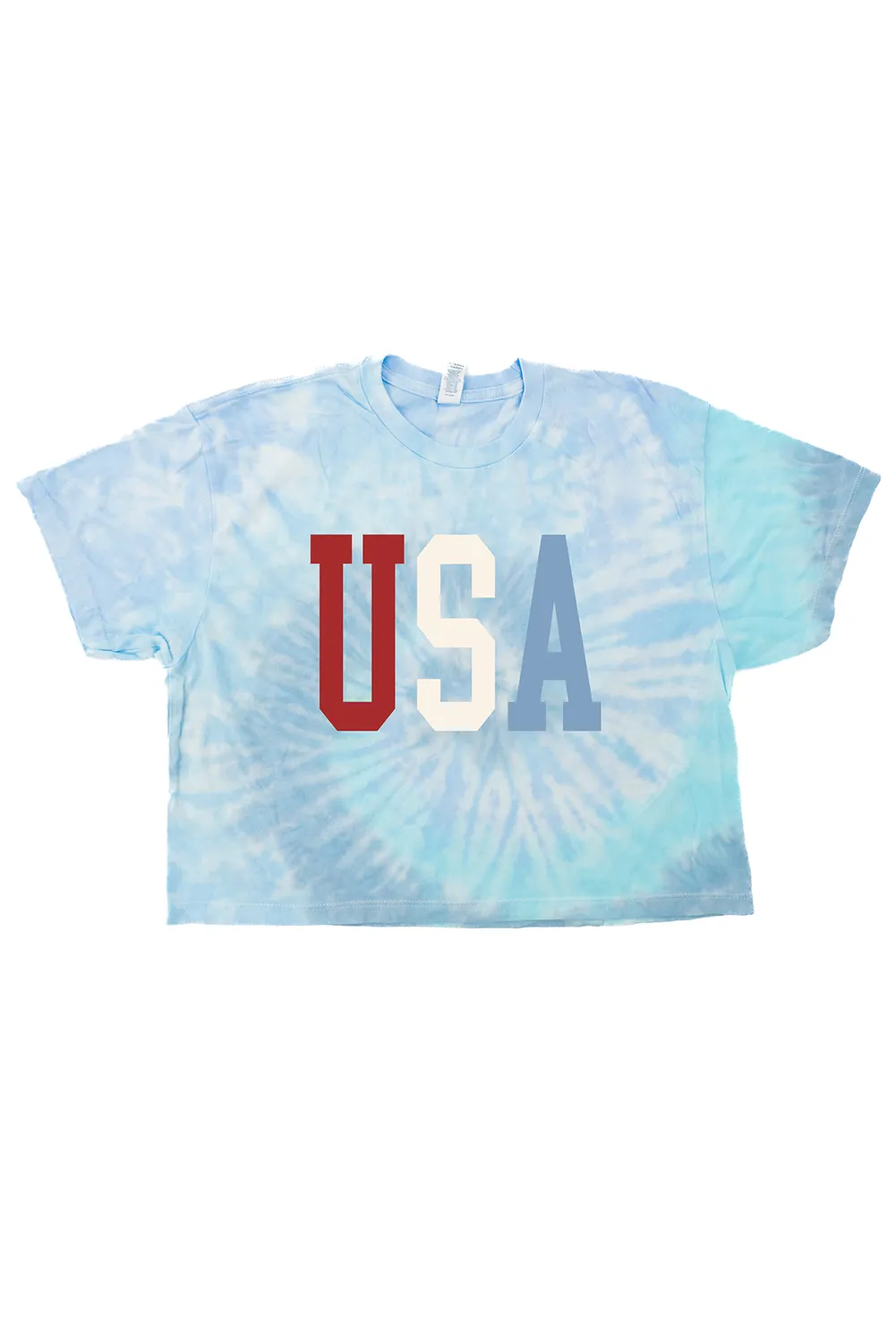 Sky Blue USA Tie Dye Print Crew Neck Cropped T Shirt