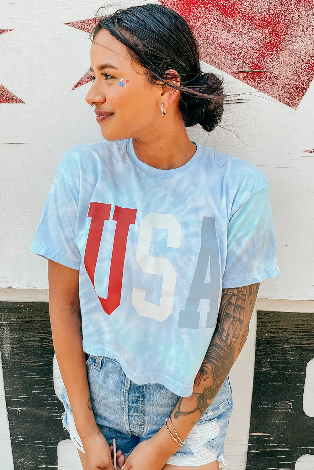 Sky Blue USA Tie Dye Print Crew Neck Cropped T Shirt