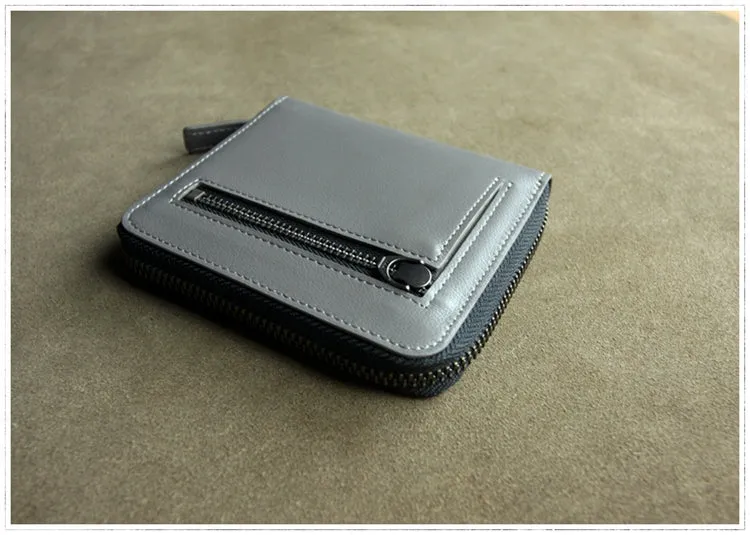 Small Gray Leather Zip Wallet Billfold Womens Zip Around Wallets Zipper Small Wallet for Women