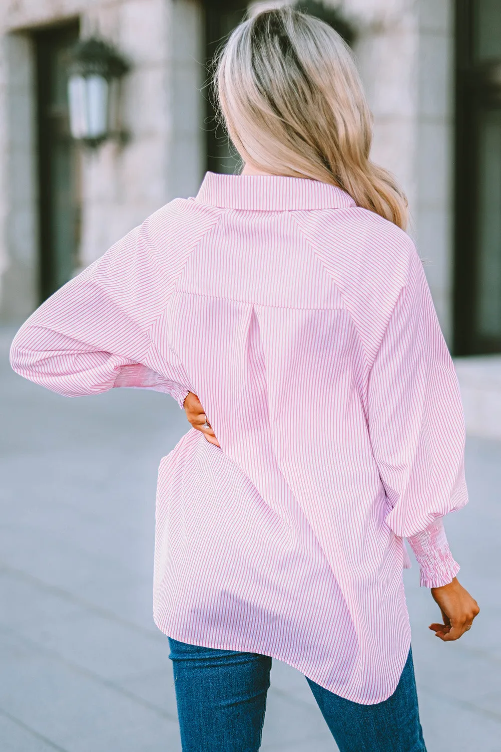 Smocked Cuffed Striped Boyfriend Shirt