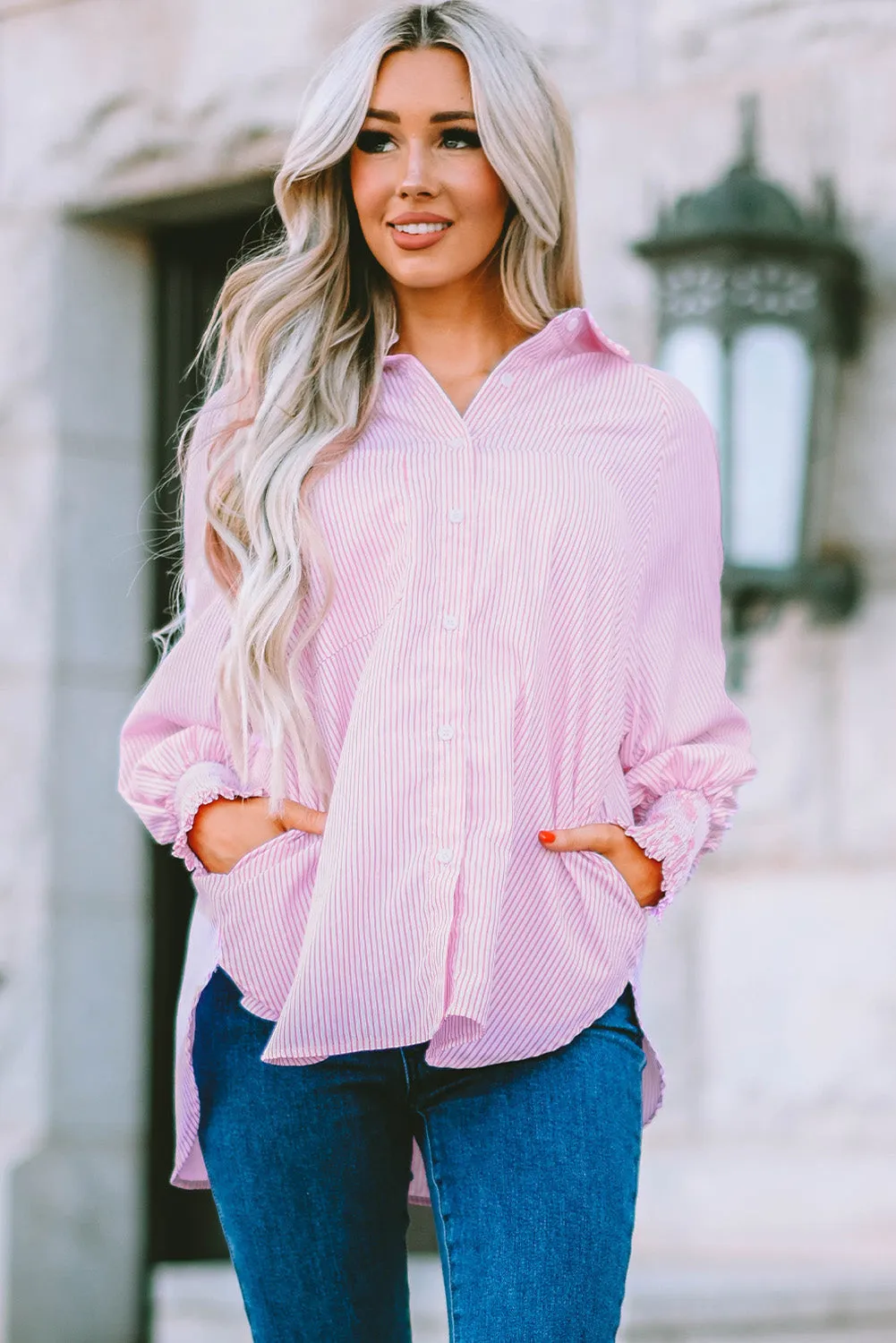 Smocked Cuffed Striped Boyfriend Shirt