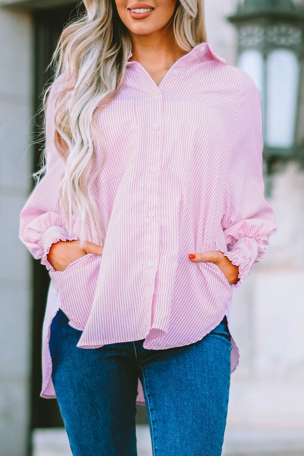 Smocked Cuffed Striped Boyfriend Shirt