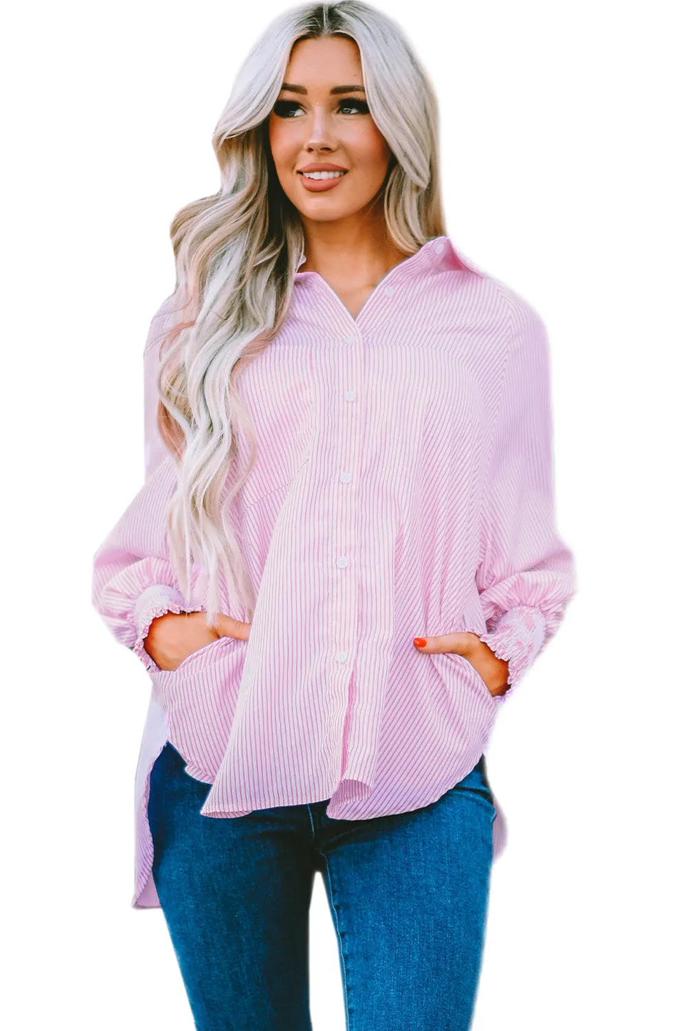 Smocked Cuffed Striped Boyfriend Shirt