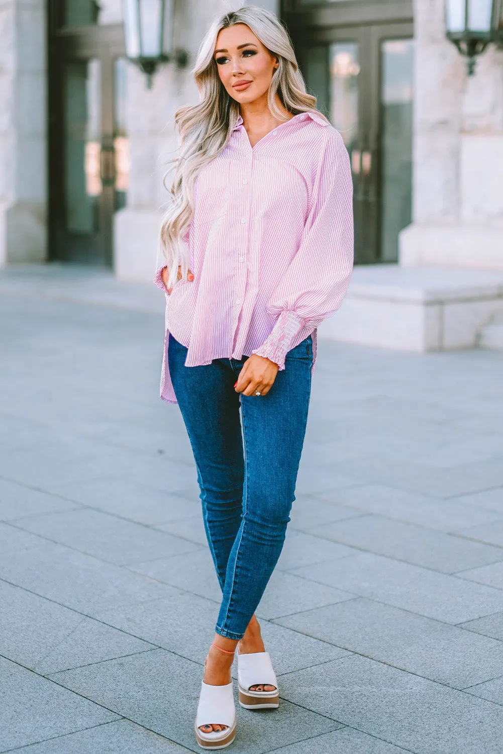 Smocked Cuffed Striped Boyfriend Shirt