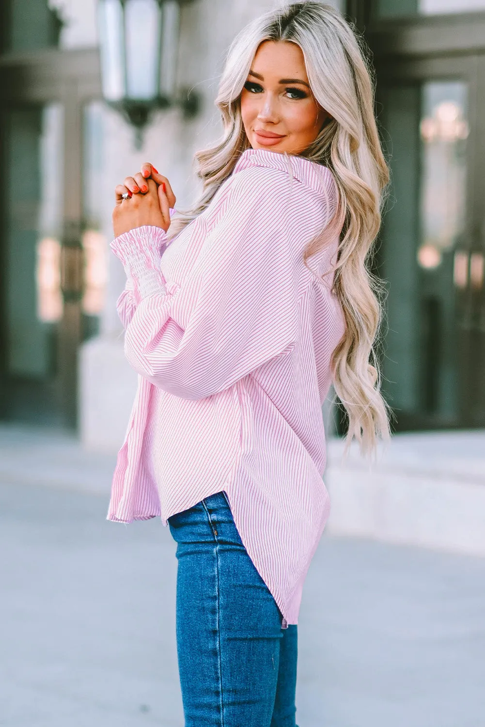 Smocked Cuffed Striped Boyfriend Shirt