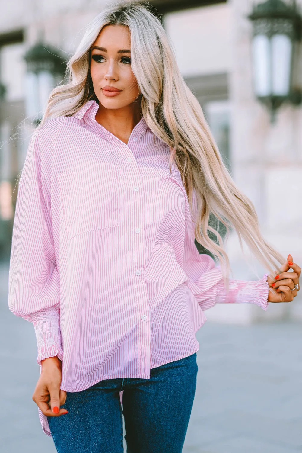 Smocked Cuffed Striped Boyfriend Shirt
