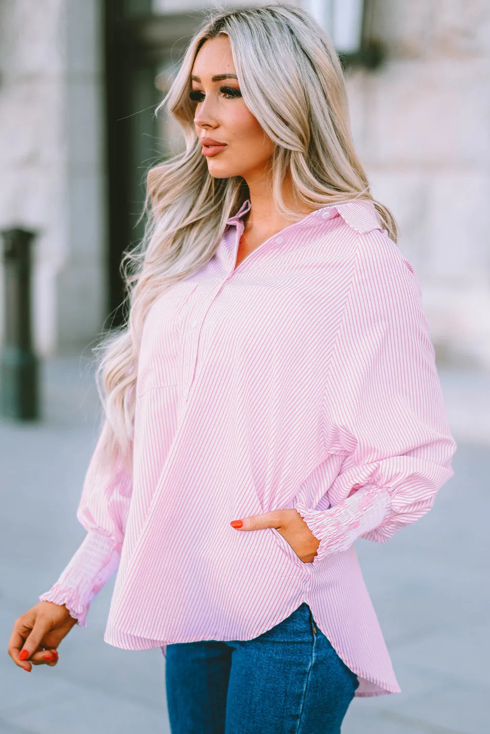 Smocked Cuffed Striped Boyfriend Shirt
