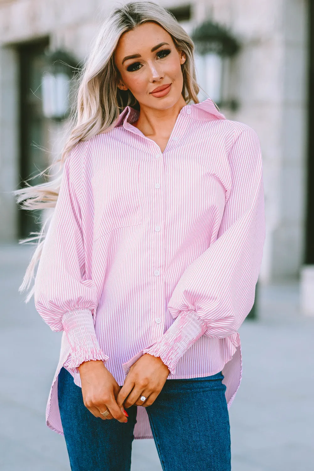 Smocked Cuffed Striped Boyfriend Shirt