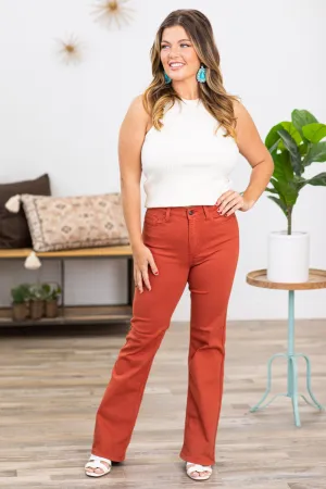 Sneak Peek Rust Kick Flare Raw Hem Jeans