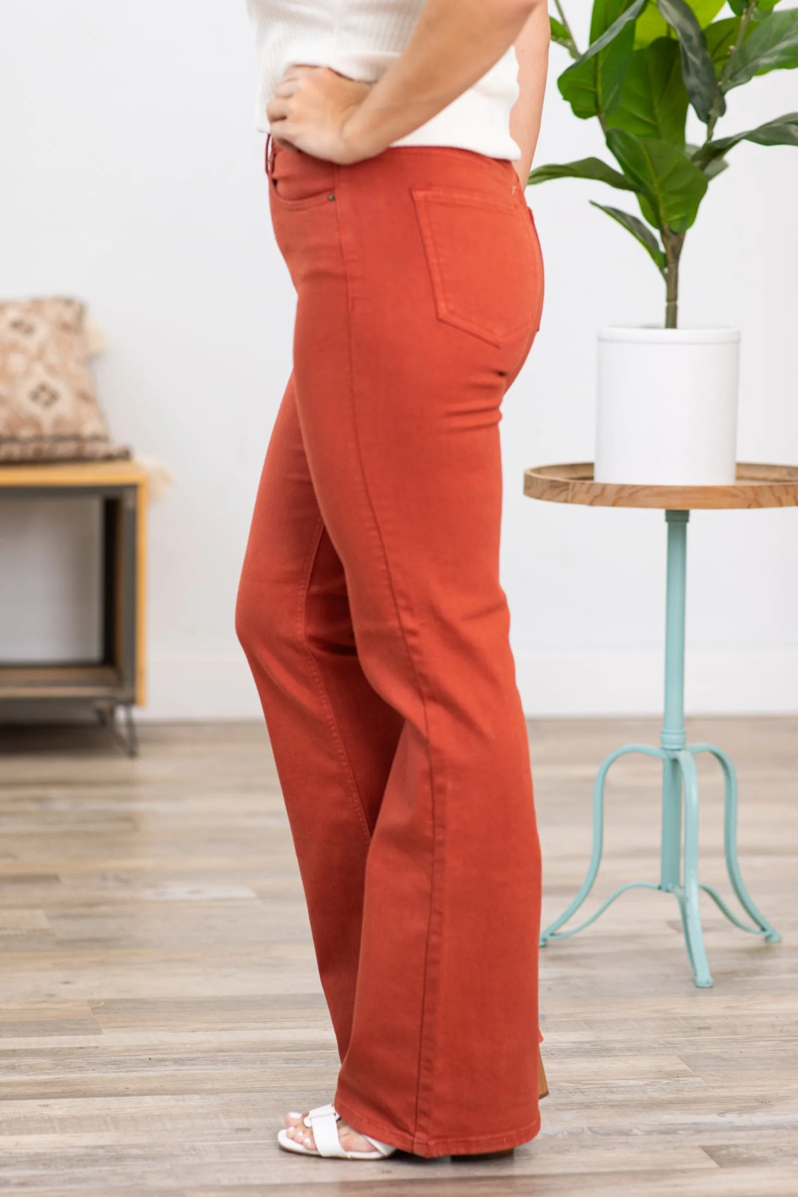 Sneak Peek Rust Kick Flare Raw Hem Jeans