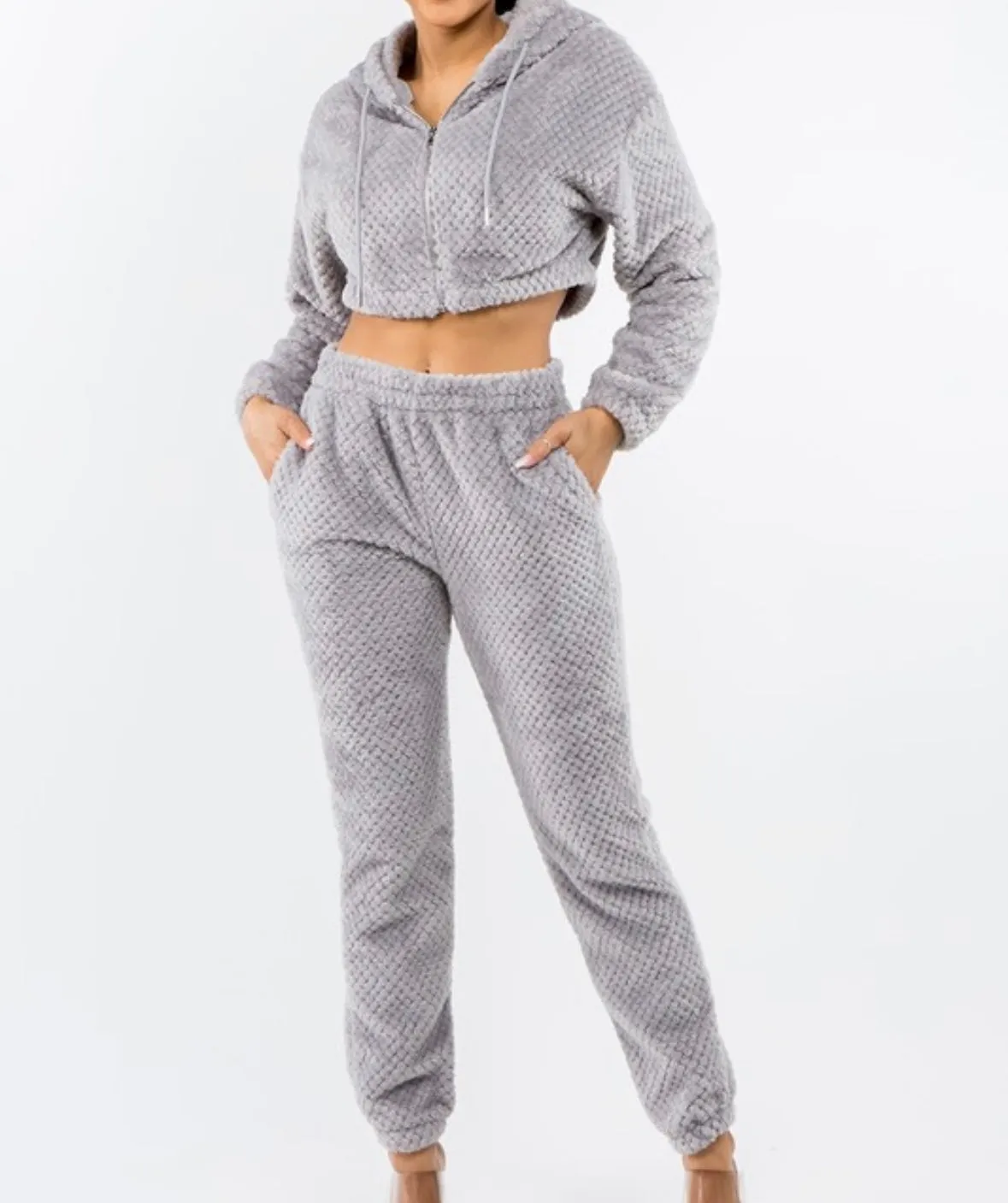 SNOWIE PLUSH VELVET CROPPED SWEATER AND SWEATPANTS