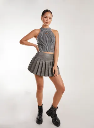 Stone Wash Pleated Mini Skirt