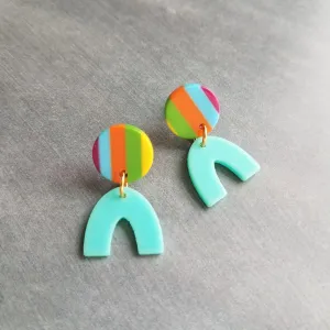 Stripe Dangle Earrings, 80s earring, aqua blue dangle, chunky earring, vintage 80s style, bright color earring, round colorful stripe arch u