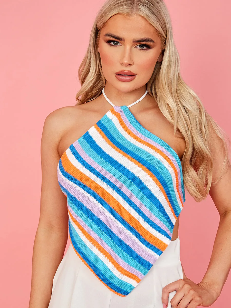 Striped Waffle Knit Tie Back Bandana Top