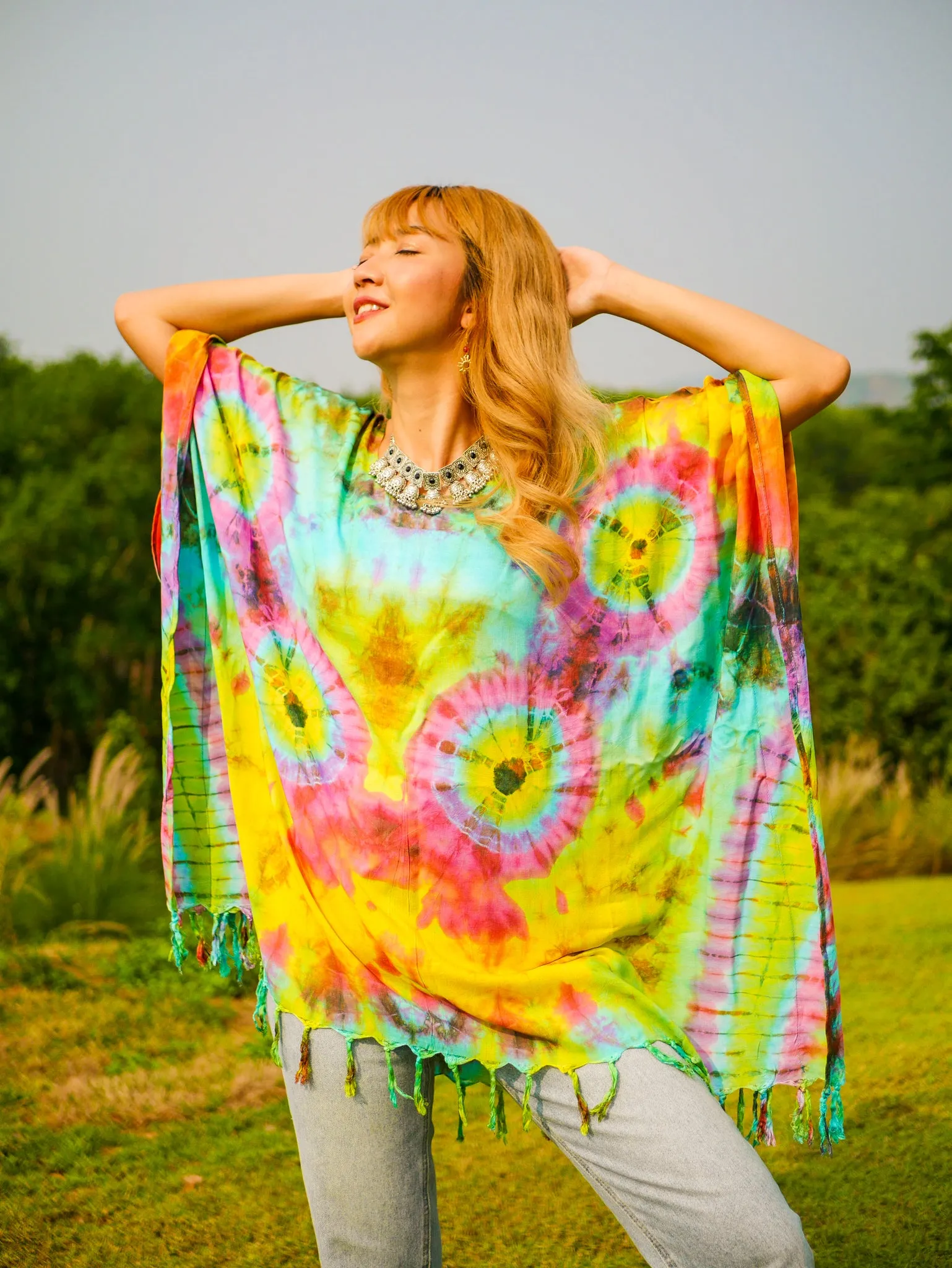 Sunrise Bloom Poncho Hand Dyed Tunic Kaftan Blouse Oversize Top