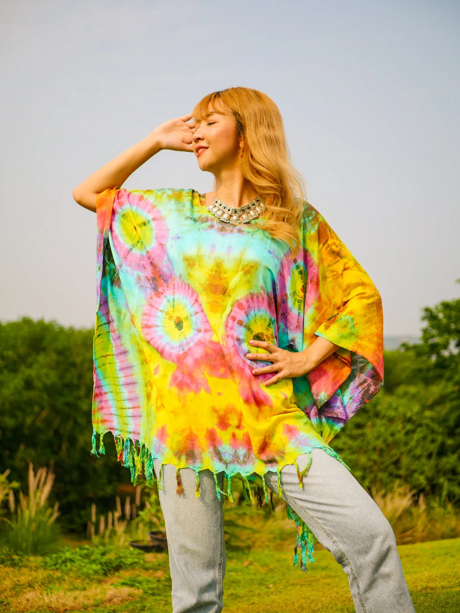 Sunrise Bloom Poncho Hand Dyed Tunic Kaftan Blouse Oversize Top