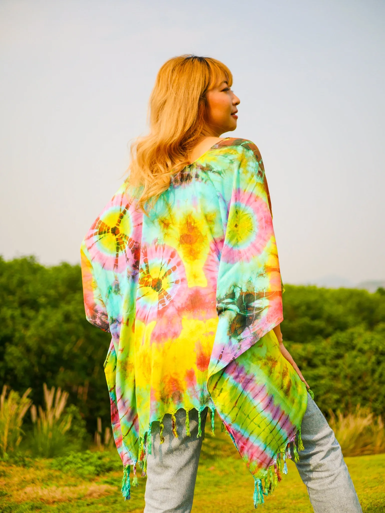 Sunrise Bloom Poncho Hand Dyed Tunic Kaftan Blouse Oversize Top