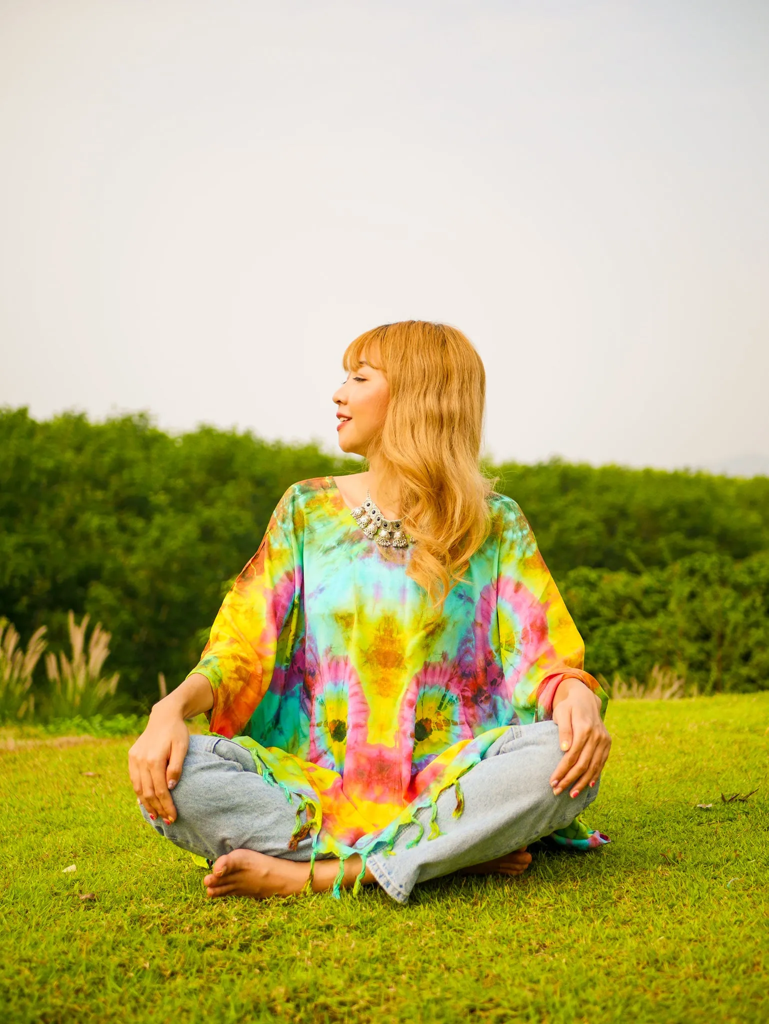 Sunrise Bloom Poncho Hand Dyed Tunic Kaftan Blouse Oversize Top