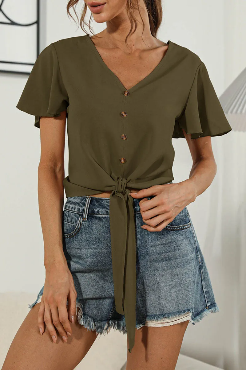 Sweet Solid Split Joint V Neck T-Shirts