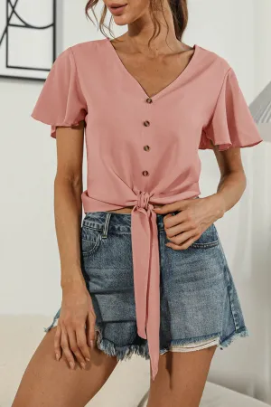 Sweet Solid Split Joint V Neck T-Shirts