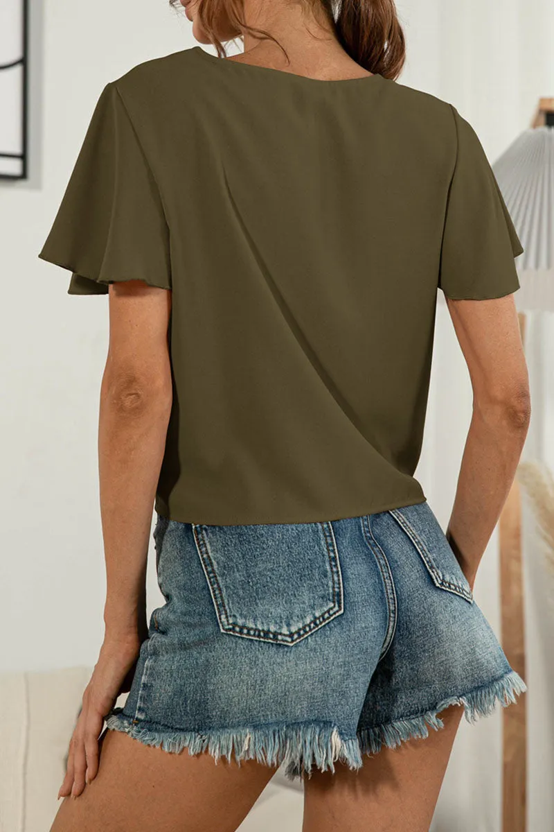 Sweet Solid Split Joint V Neck T-Shirts