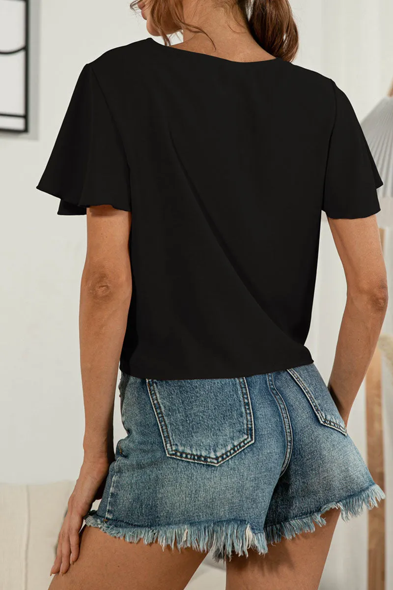 Sweet Solid Split Joint V Neck T-Shirts