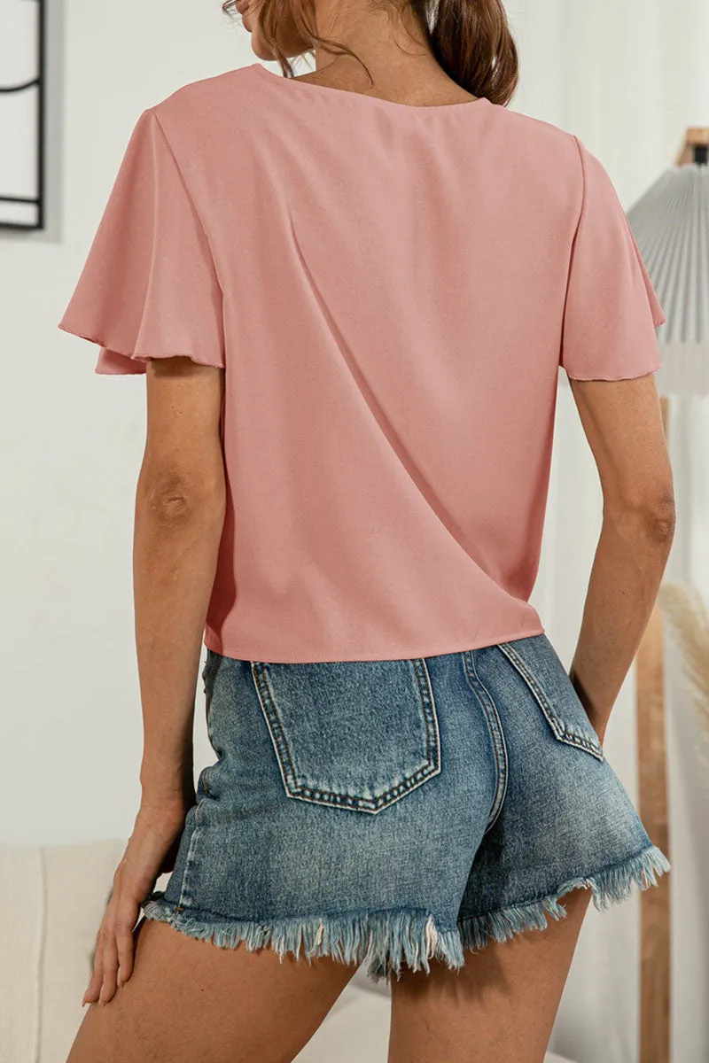 Sweet Solid Split Joint V Neck T-Shirts