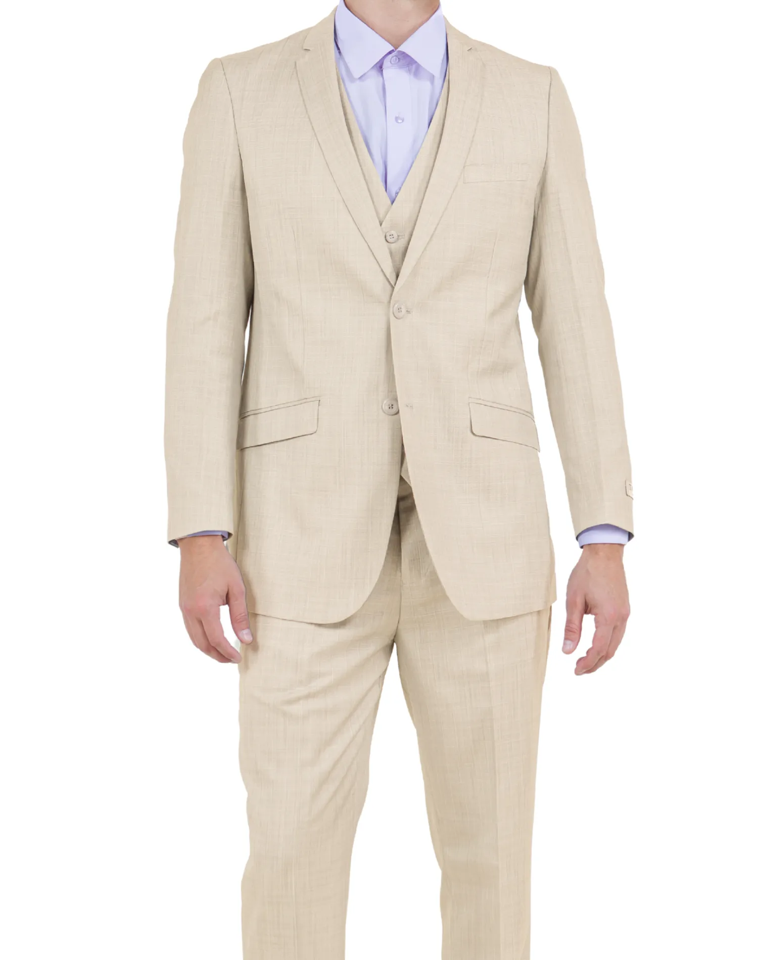 Tazzio Solid Textured Slim Fit Vested Suit - Light Tan